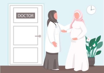 prenatal consultation flat color muslim girl visit doctor clinic young mother health check pregnant