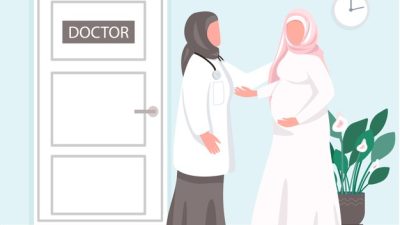 prenatal consultation flat color muslim girl visit doctor clinic young mother health check pregnant
