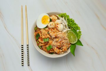 thai food noodles spicy boil with pork boil egg