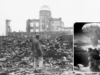Foto koresponden perang Sekutu berdiri di reruntuhan Hiroshima